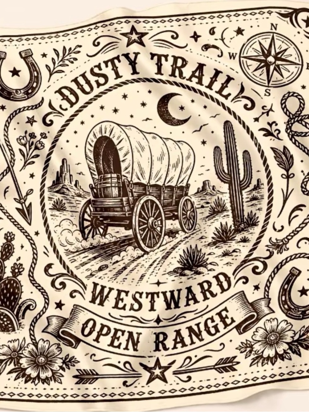 Dusty Trail Westward Open Range Cotton Bandana Scarf - Cream & Brown